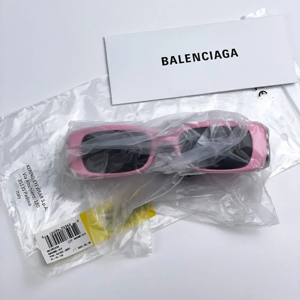 NEW Balenciaga BB0096S 012 Pink Silver Logo Grey Rectangle Unisex Sunglasses - Picture 12 of 13